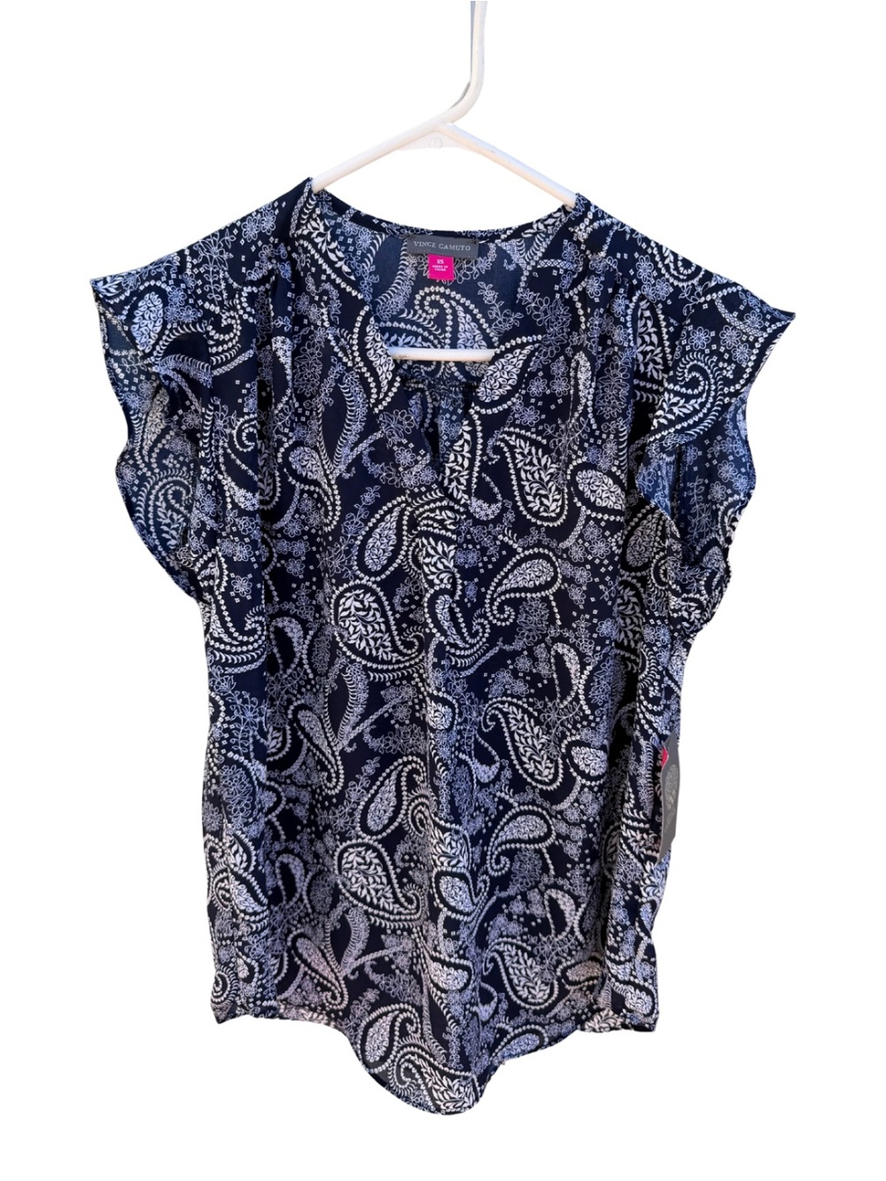 Vince Camuto Navy and White Paisley Cap Sleeve Blouse